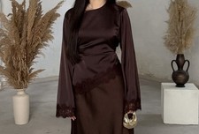 Satinbluse Spitze Langarm Coffee