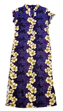 VTG HILO HATTIE Hawaiian Maxi Dress size L Cotton Purple Hibiscus Kimono 90s