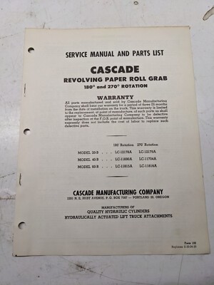 CASCADE SERVICE MANUAL PARTS LIST REVOLVING PAPER ROLL GRAB 180 270 20-B 40-B 60