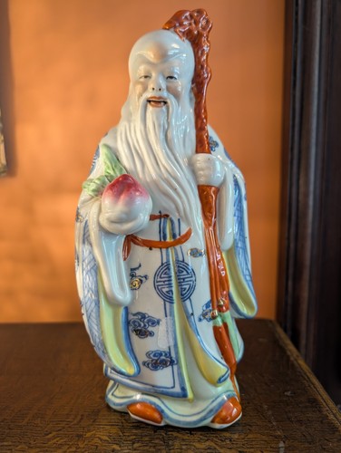 Vintage Chinese Shou Xing Figurine 8” Porcelain God of Longevity Statue - Picture 2 of 9