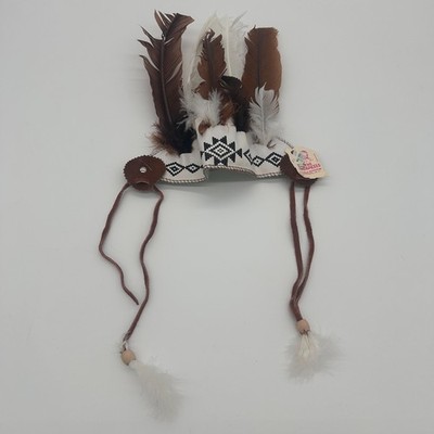 Vtg Hand Made by Cherokees Qualla Reservation Coonskin & Feather Headdress 