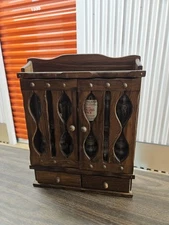 Vintage Wood Spice Cabinet 12 Spice Jars Wall Hanging - 1970s W/ 2 Drawers 