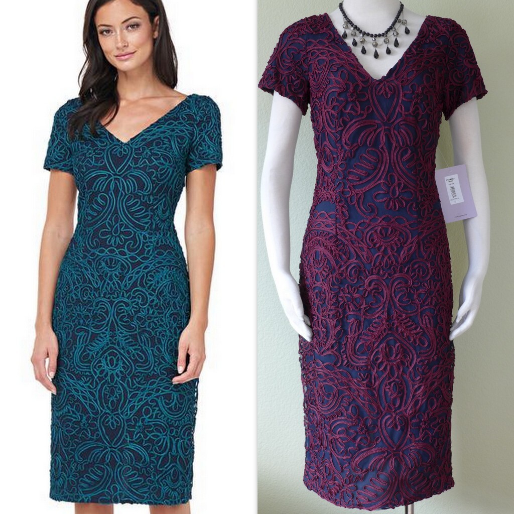 V-Neck Soutache Cocktail Dress - Jade/Navy / 2 V-Neck Soutache Cocktail Dress - Jade/Navy / 2