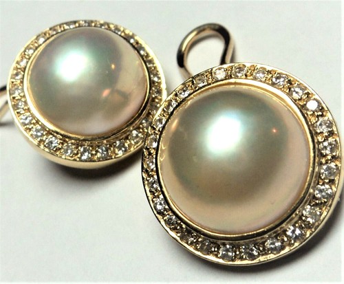 Vera Wang 14K Gelbgold echte große Mabe Perle & Diamant Ohrringe Clip Back - Bild 7 von 7
