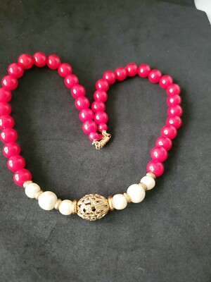 1928 Red Bead and faux Pearl Necklace with a Filigree Goldtone center Bead 