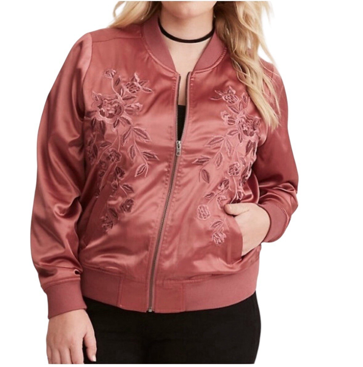 Torrid Jacket Women's Size Rose Pink Satin Floral Embroidered