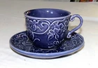 Bordallo Pinheiro Portugal Flowers Purple Cup and Saucer - Excellent