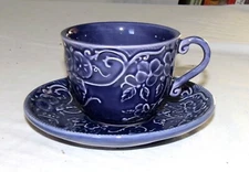 Bordallo Pinheiro Portugal Flowers Purple Cup and Saucer - Excellent