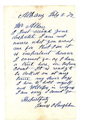 1872 Handwritten Letter James O Laughlin Albany New York NY Has Court Trial