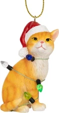 Orange Tabby Cat Christmas Tree Ornament with Santa Hat Wrapped in Lights