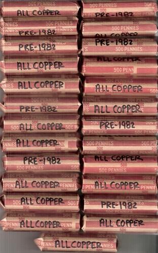PRE-1982 ALL COPPER 25 ROLLS LINCOLN PENNIES