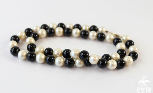 14k Yellow Gold ~8mm White Semi-Round Pearl & Onyx Bead 17" Choker Necklace