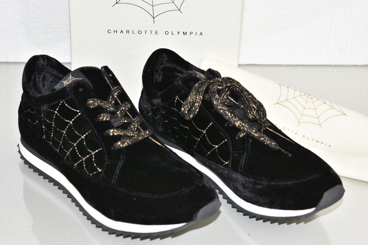 Baskets Charlotte Olympia WORK IT - Velours Noir, Broderie Dorée, Taille 42 | Neuf