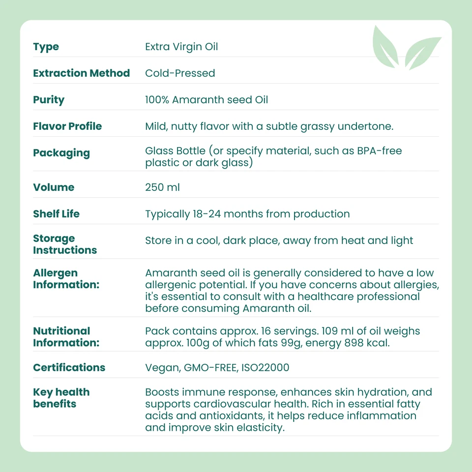 Amaranth Oil 250ml pure Cold Pressed Natural Oil for Cooking, vegan, unrefined - Image 3 of 4