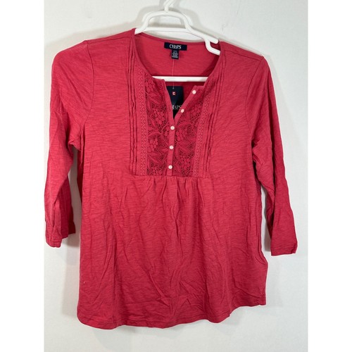 Chaps Spitzenbesatz Oberteil 3/4 Arm Knopfleiste Bluse Freizeit Rot Größe L