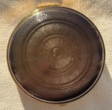 Vintage Make Up Mirror Powder Compact Gold Tone w/Original Signed Puff & Sifter