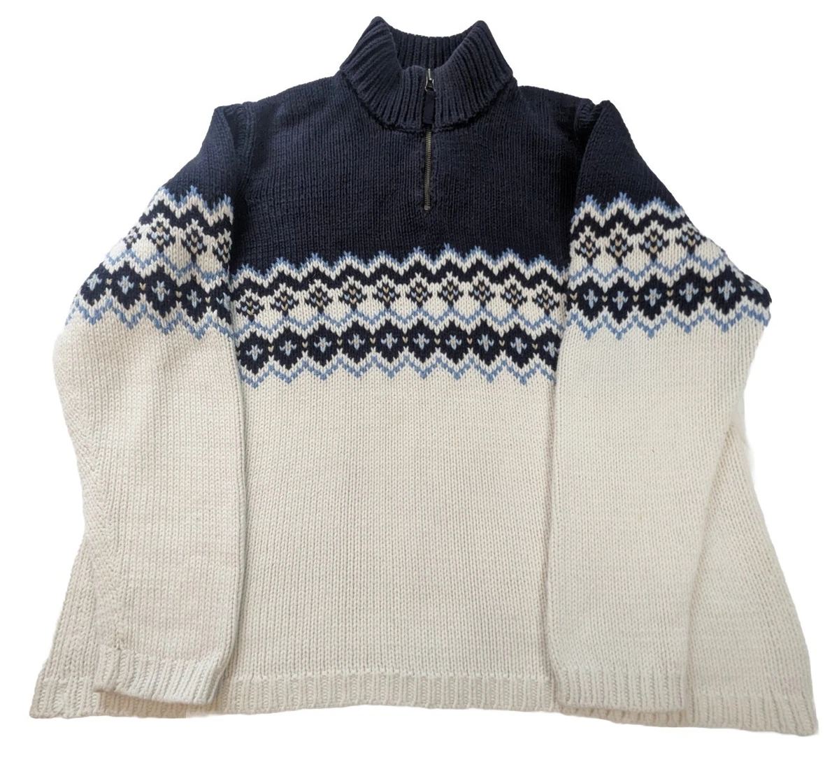 Vintage Eddie Bauer Quarter Zip Patterned Sweater Blue XL Pullover Long Sleeve