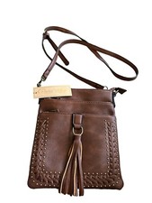 NEW Revive Small Vegan Brown Braided Tassle Crossbody Purse Zip Pockets Studs