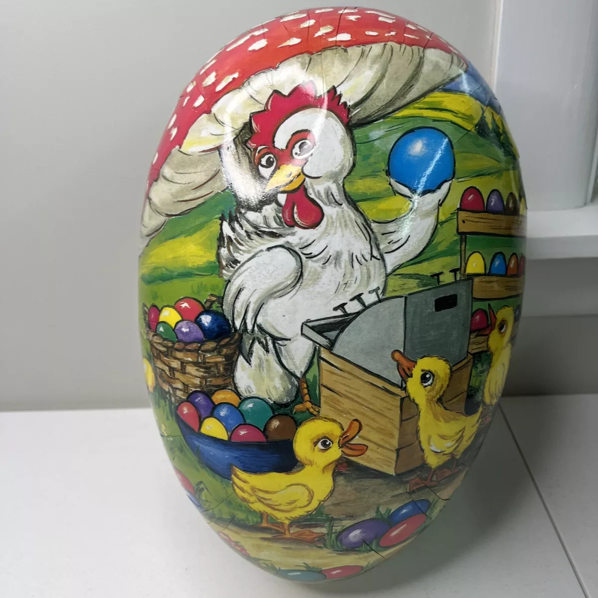 German Echt Erzgebirge Paper Mache Easter Egg RARE 14x9” Rooster Mushroom Chick