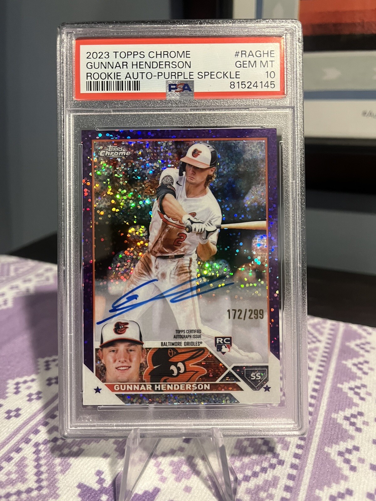 2023 Topps Chrome Gunnar Henderson RC Auto Purple Speckle 20/299 PSA 10 Gem Mint