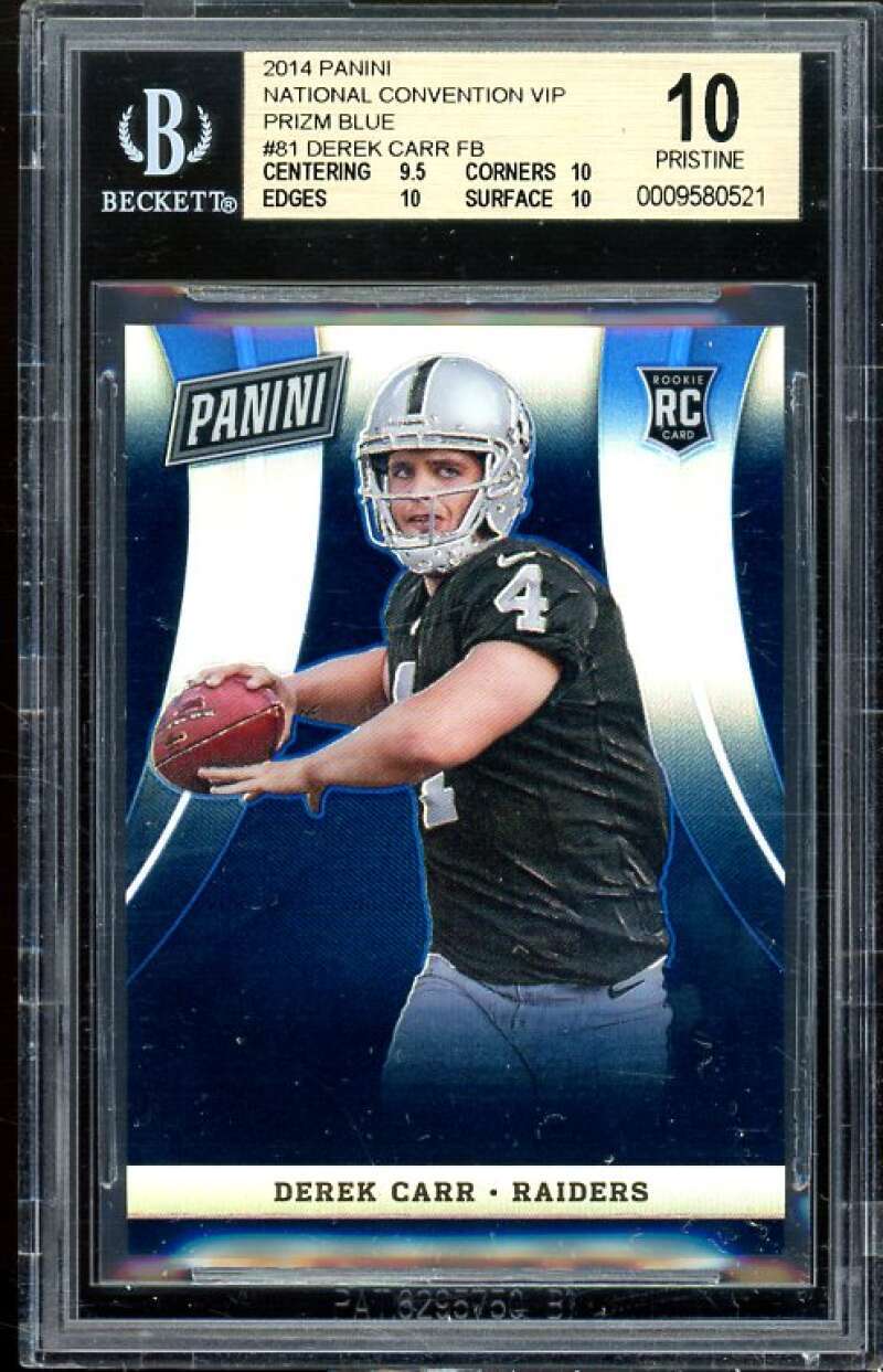 Derek Carr Rookie Card 2014 Panini NC VIP Prizm Blue #81 (PRISTINE) BGS 10