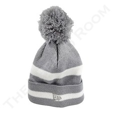New Era Knit Beanie Grey  White Striped Cuffed w/ Pom Pom 1-Ply Thick Warm Hat
