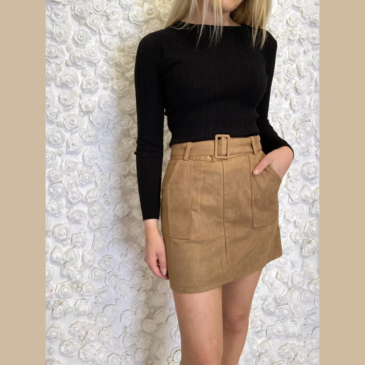 Faux suede top skirt camel