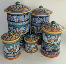 Franco Mari Deruta Italy Majolica Canister Set 5 +lids Leaf Acanthas Jars Italy