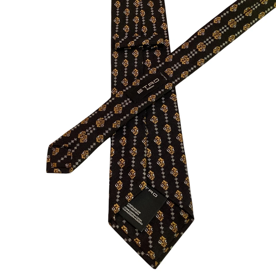 Corbata de seda/algodón para hombre ETRO ITALIA diseñador geométrica negra/marrón/gris usada en excelente estado Foto 3 de 3