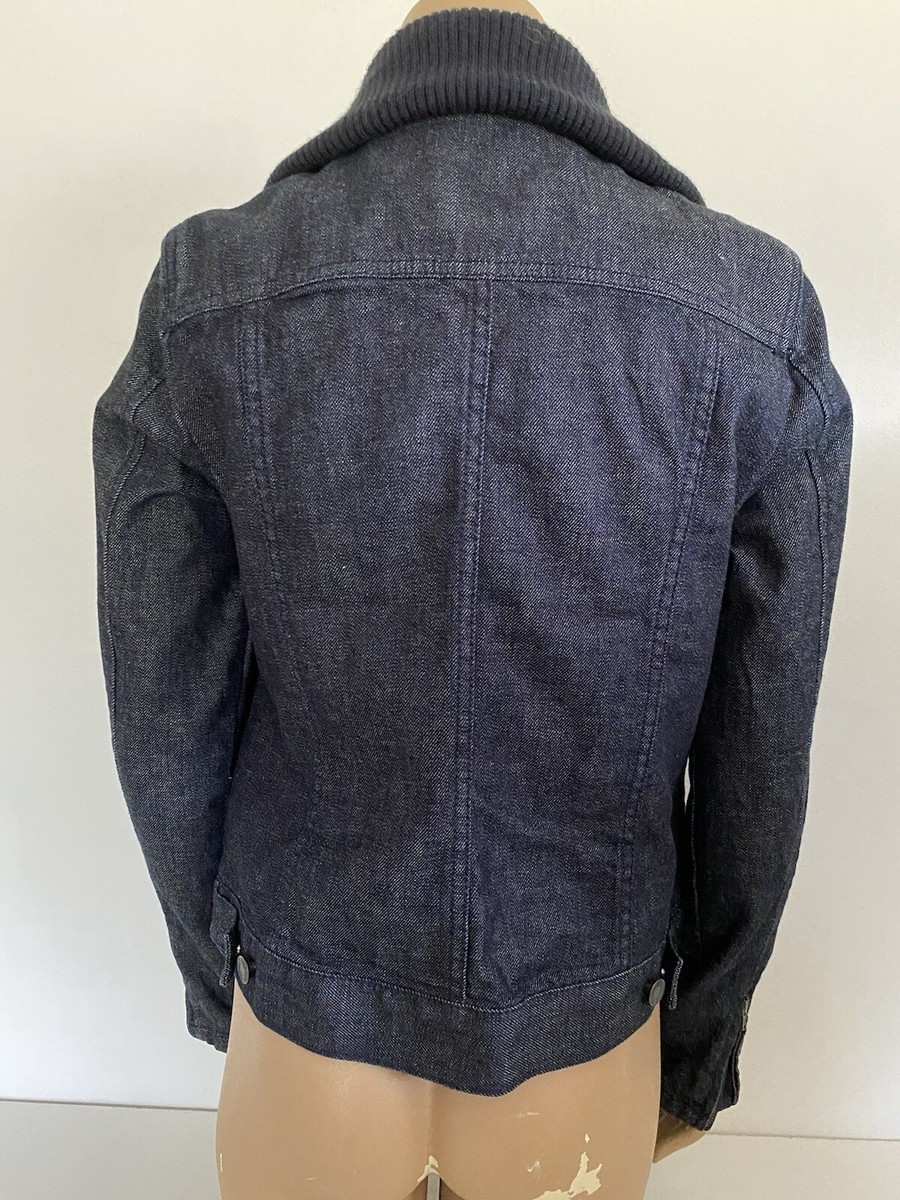 Talbots Dark Wash Denim Full Zip Front Jacket Knit Collar Womens