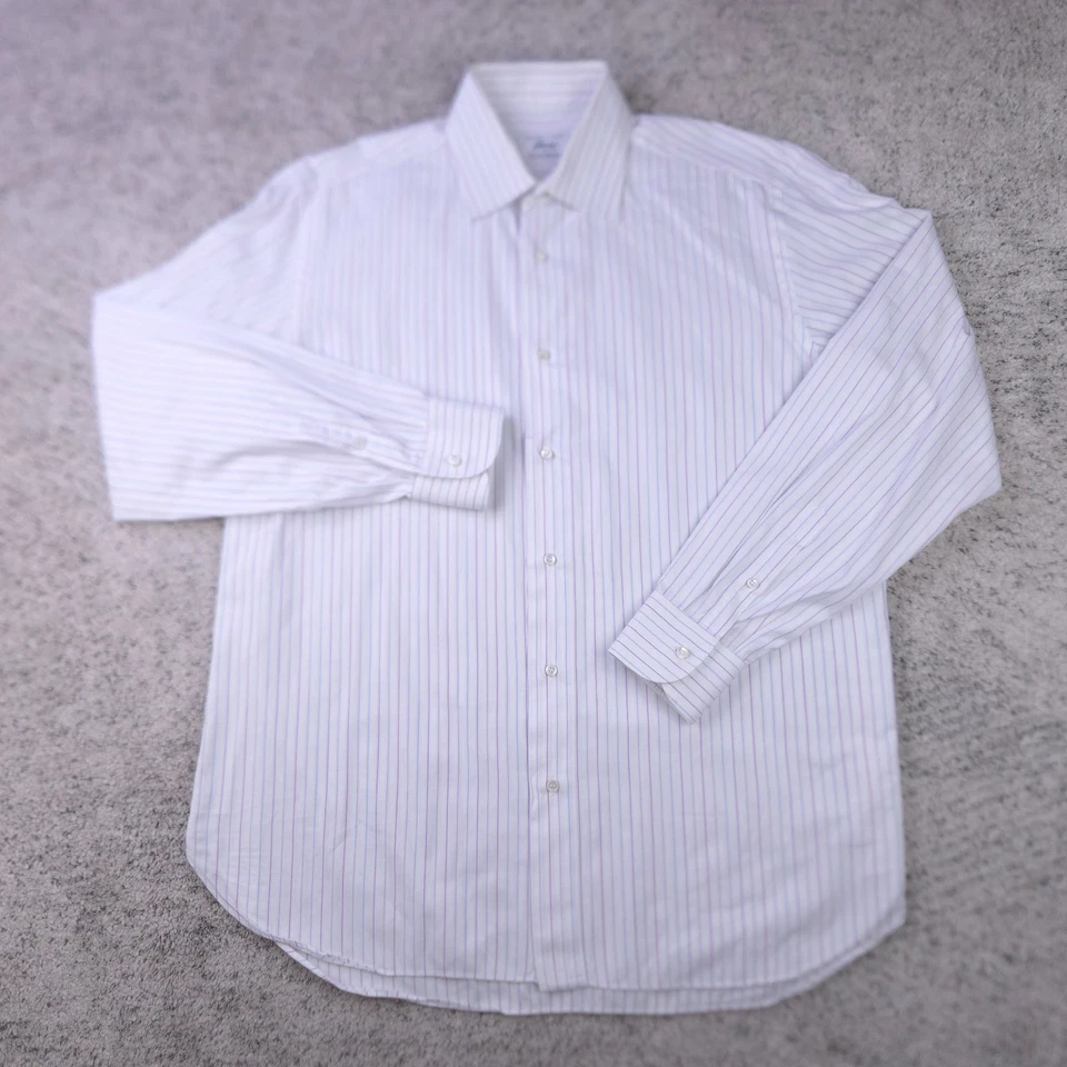 Camisa Brioni Para Hombre 16.5 Grande Manga Larga Vestido Botón Blanco Púrpura Rayas Italia Foto 2 de 4