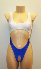 Women Thong Leotard 201-54 Open Back Hole Crotch White and Blue Spandex Size S