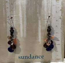 NWT Sundance Catalog Lapis Garnet Peach Moonstone Leather “Free Spirit Earrings”