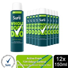 Sure Men Whole Body Deodorant Spray Active Fresh w/ 72H Odour Control 150ml,12pk