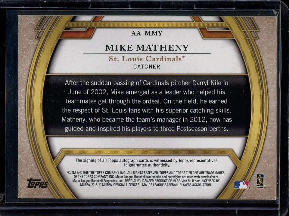 Mike Matheny 2015 Topps Tier One Acclaimed Auto /299 AA-MMY Cardinals - Image 2 of 2