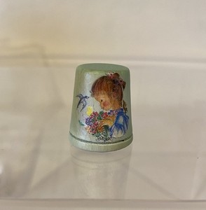ANRI Italy 1987 Wooden Thimble Girl Vintage With Bird Flowers Hand Painted