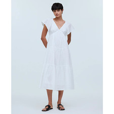 Madewell Tie Back Flutter Sleeve Tiered Midi Dress White Cottagecore US 0 NWT