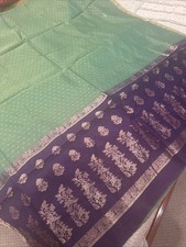 Very Pretty Green Saree,Blue Border Pallu,Stitched Blouse,cotton tissue mixed
