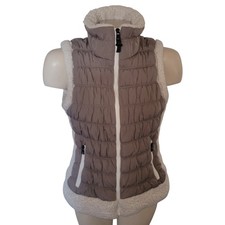 Calvin Klein Performance Women Puffer Vest Sherpa Trim Taupe Zip Pockets Size M