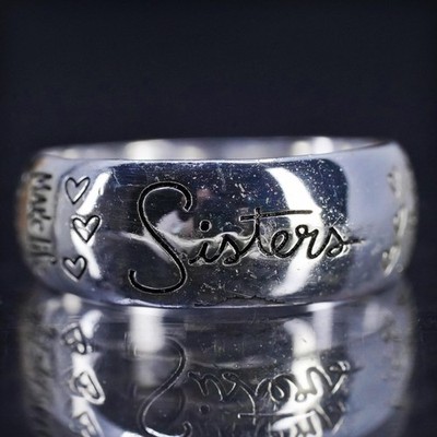 size 7, vintage sterling silver 925 handmade ring quote band engraved  sisters