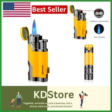 Windproof Double Jet Butane Torch Lighter, Refillable Metal Cigar Camping