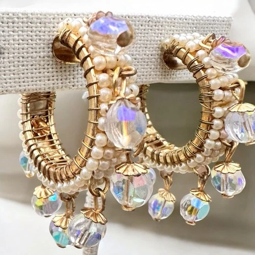 Vintage Miriam Haskell Hoop Earrings Faux Pearls & AB Crystal Drops 1969s Hoops