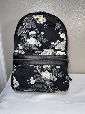 Dolce & Gabbana RARE Black Cream Floral Nylon Backpack With Black Leather Trim