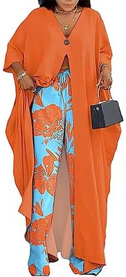 Women Casual 2 Piece Outfits African Print V Neck Long Kimono Cardigans High ...