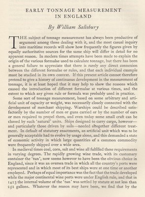EARLY TONNAGE MEASUREMENT IN ENGLAND. AN ORIGINAL ARTICLE FROM THE MARINER'S MIR