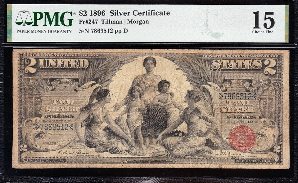 Nice *RARE* Choice Fine+ 1896 $2 EDUCATIONAL Silver Cert.! PMG 15! FREE SHIPPING - Image 2 of 3