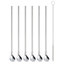Reusable Stainless Steel Long Handle Straws Spoon, 6 Pieces 8.6", with 1 Clea...