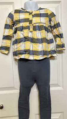 2T toddler girls Carters Blue Yellow Plaid LS Top & Garanimal Leggings Outfit