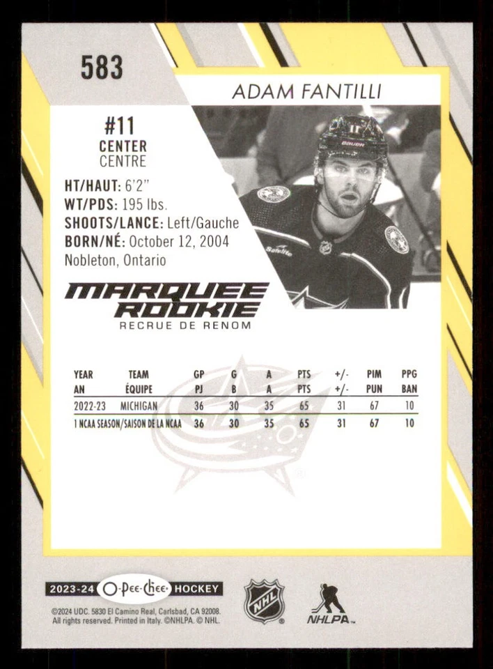 2023-24 O-Pee-Chee Yellow #583 Adam Fantilli - Image 2 of 2