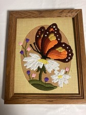 Vintage 1970s Framed Crewel Embroidery Art   Monarch Butterfly  Flowers